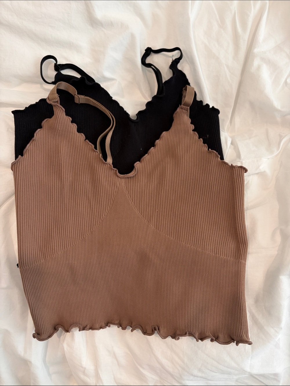 Seamless Ribbed Scallop Edge Cami Tank - Brown and Black